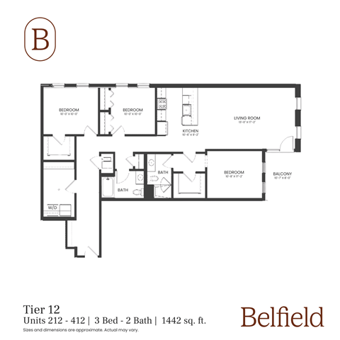 Floor plan for 3 beds, 2 baths, 1442 sqft